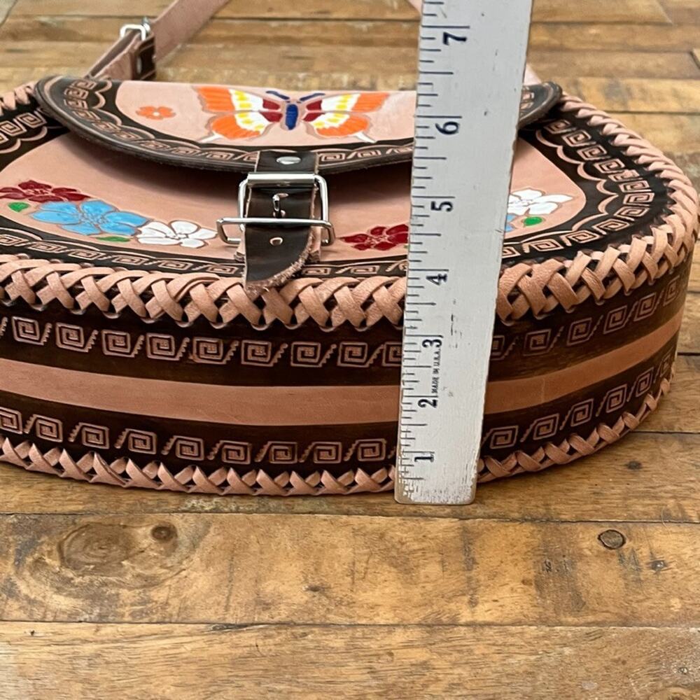 Mexican Hand-Tooled Leather Crossbody Bag Butterfly & Floral Design - Picture 6 of 14
